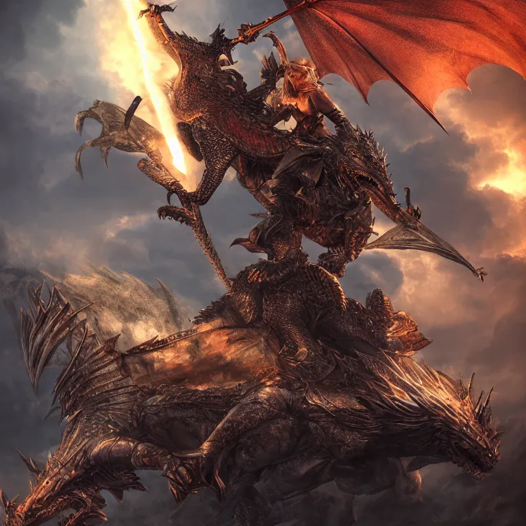 Prompt: Knight with Lightning spear riding a dragon , fantasy, cinematic lighting, photorealistic image, 8k, ultra detailed, high resolution,