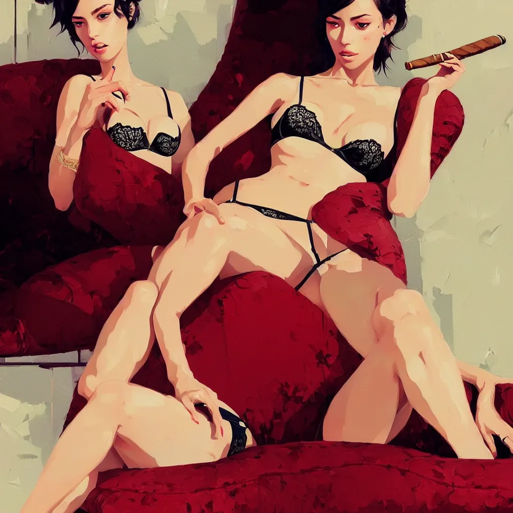 Prompt: ultra detailed beautiful painting - picture portrait of one classy stylish woman sitting on a couch in lingerie and holding a cigar, written by conrad roset, greg rutkowski and makoto shinkai trending on artstation