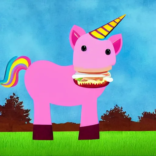 Prompt: a pretty pink unicorn eating a little hamburger on a soccer field | digital art | very high quality | very detailed | totally awesome | very cute