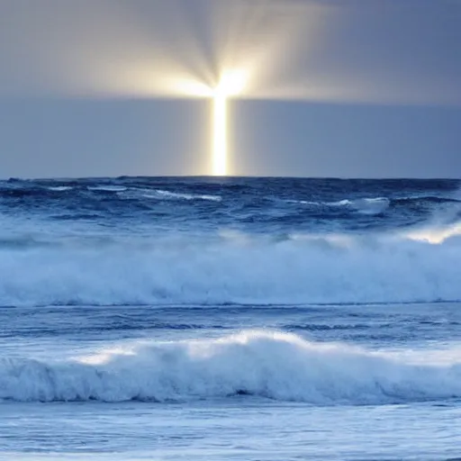 Image similar to a photo of a beam of light striking the ocean causing large waves, highly detailed