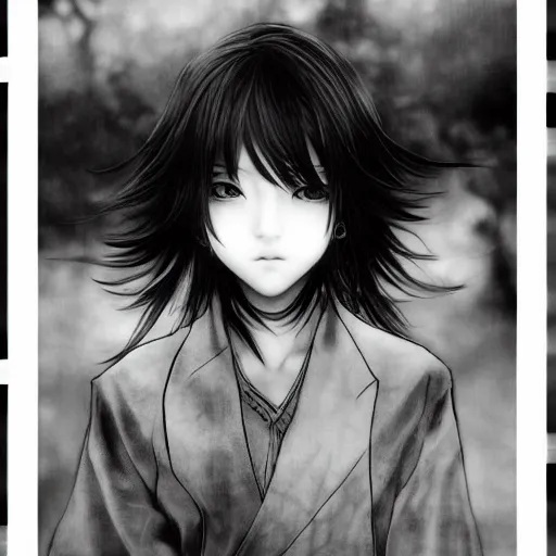 Image similar to a portrait of a character in a scenic environment by Yoshitaka Amano, black and white, dreamy, dark eyes