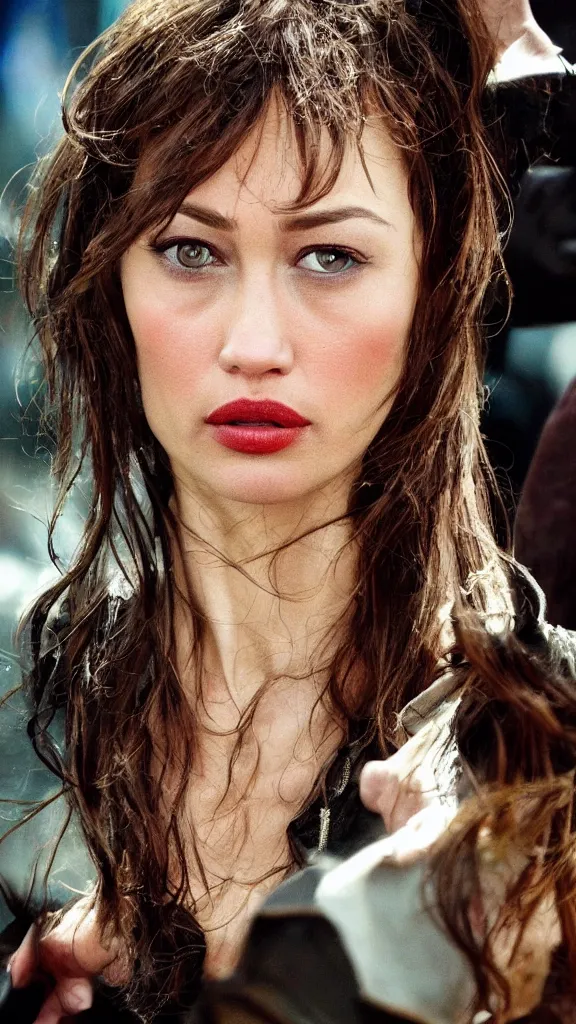 Prompt: photocollage rancid detailed portrait of olga kurylenko