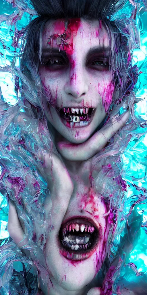 Prompt: impossibly beautiful vampire with large vampire fangs, intricate complexity, horror, psychedelic glitch art, rainbow drip paint, trending on art station, photoreal, 8k, octane render