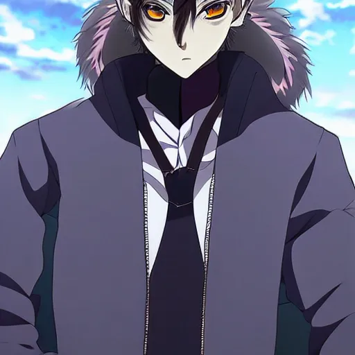 Image similar to key anime visual portrait of an anthropomorphic anthro wolf fursona, in a jacket, with handsome eyes, official modern anime art