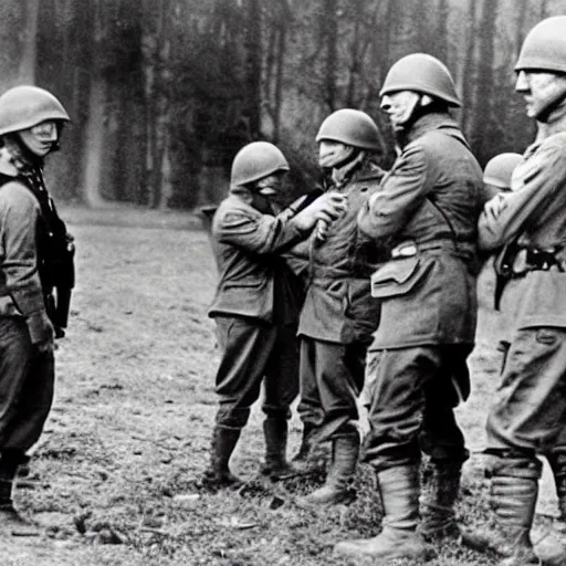 Image similar to dispicable me minions giving tactical advice to generals in world war 2, historical photograph