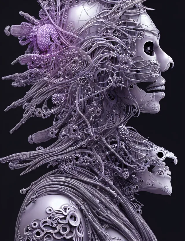 Image similar to 3 d goddess close - up profile simple portrait cybernetic with skull. beautiful intricately detailed japanese crow kitsune mask and clasical japanese kimono. betta fish, jellyfish phoenix, bio luminescent, plasma, ice, water, wind, creature, artwork by tooth wu and wlop and beeple and greg rutkowski