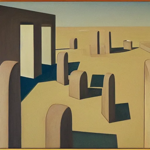 Image similar to first person view of a stark concrete maze, robot prairie dogs, grant wood, pj crook, edward hopper, oil on canvas