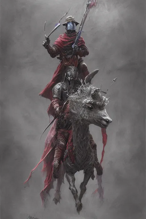 Image similar to Knight of the apocalypse riding a funny lama in a hat, dark fantasy, intricate, highly detailed, smooth, artstation, painted by Wayne Barlowe, Greg Rutkowski, zdislav beksinski, Francis Bacon