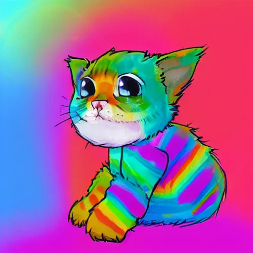 Image similar to wide angle full body, jacket wearing fluffy cute rainbow kitten wearing a black leather motorcycle jacket, concept art