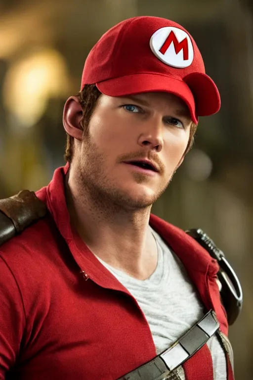 Image similar to a movie still of chris pratt as mario, highly detailed, studio lighting