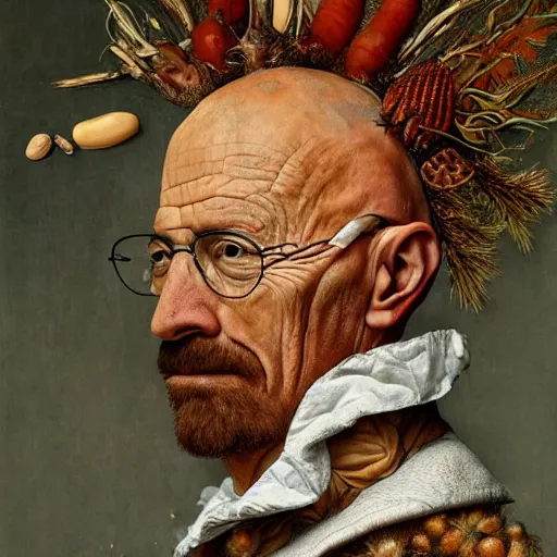 Image similar to giuseppe arcimboldo, walter white, new scifi movie, film still, seeds, legumes