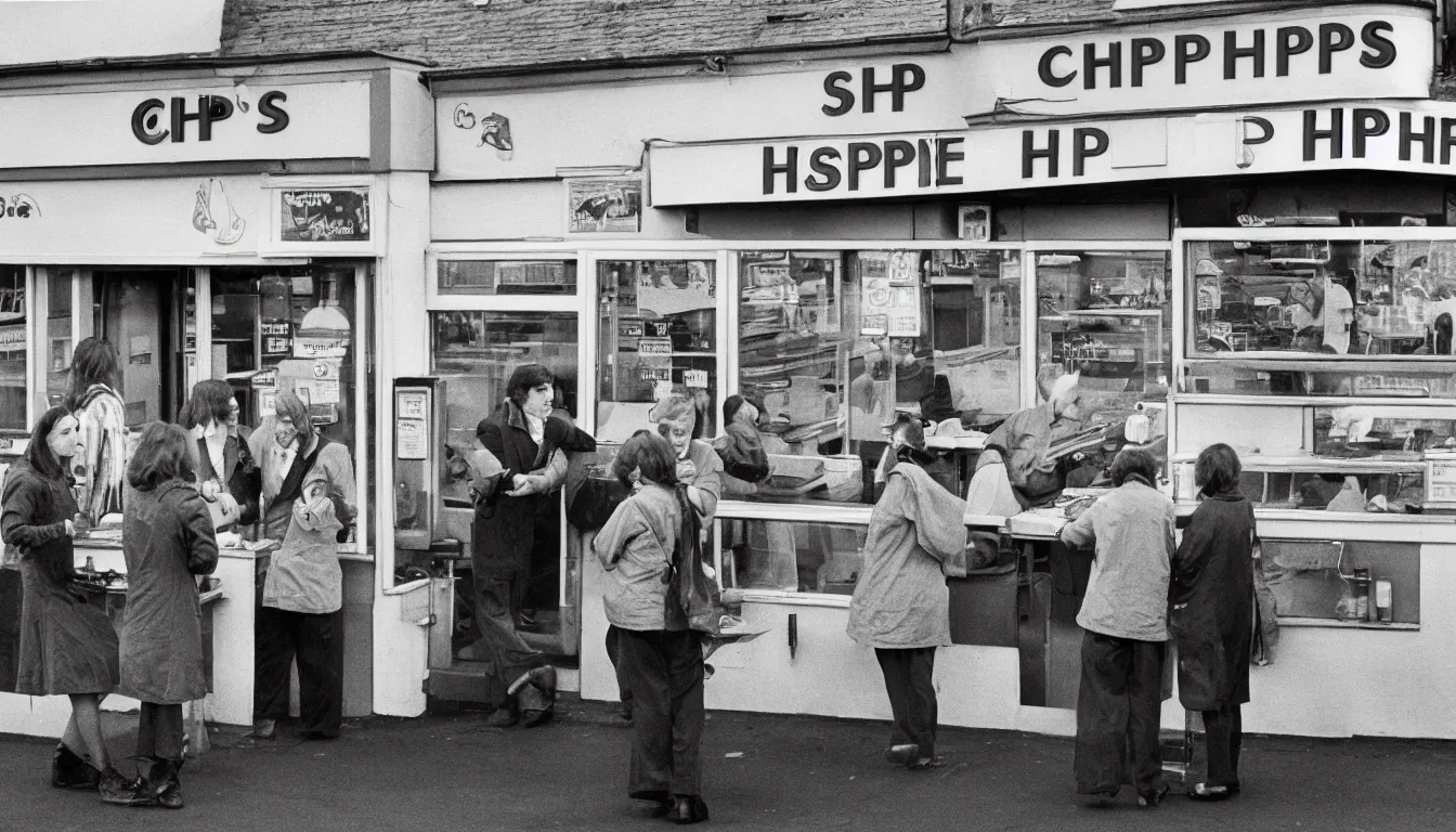 Image similar to 1 9 7 0 s chip shop, customers argue about the price, hyper realistic photo, full colour, upscale, 8 k, masterpiece,