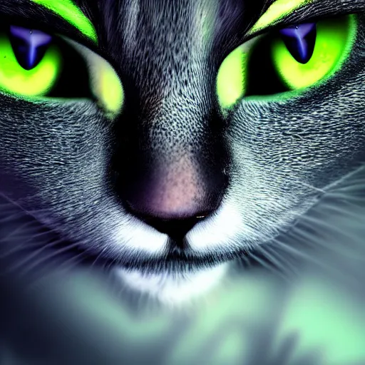 Image similar to beautiful fantasy portrait of a devil cat with green eyes, high detail, fantasy art, concept art, 4 k, ultra detail, computer art