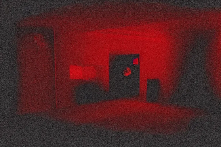 Image similar to cctv footage of an extremely dark empty room with evil horror cryptid monster made out of static, dark deep black shadows, crimson red and black color contrast in the style of trevor henderson and james ensor goya, liminal space, 3 d render, glitch effect