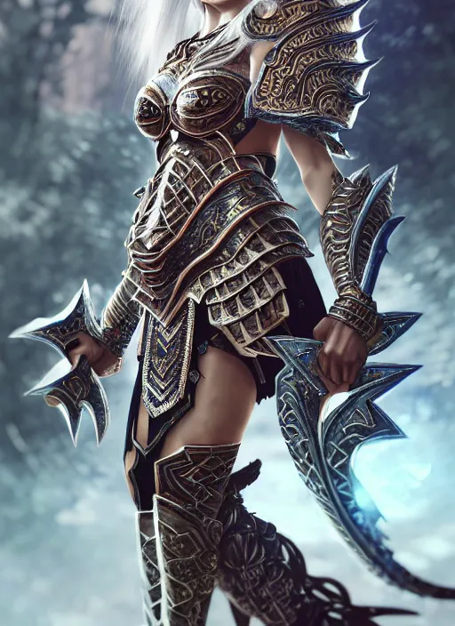 Image similar to warrior, intricate ornate opal heavy armor!!! beautiful and athletic white hair female!! monster hunter!! character concept art, sharp focus, octane render! unreal engine 5! highly rendered!! trending on artstation!! detailed linework!! illustration by artgerm, wlop, and chie yoshii