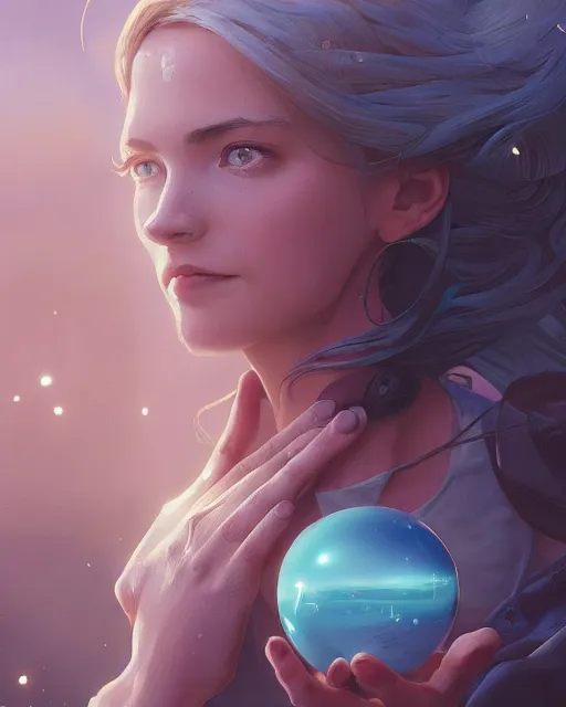 Image similar to highly detailed vfx woman holding a sphere of water in her hands, stephen bliss, unreal engine, greg rutkowski, loish, rhads, beeple, makoto shinkai and lois van baarle, ilya kuvshinov, rossdraws, tom bagshaw, alphonse mucha, global illumination, detailed and intricate environment