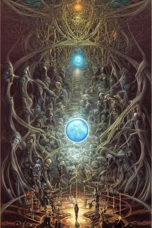 Image similar to a quantum computer!!!!!, surrounded by a dark cabal of hooded elven mystics with long robes gathered in a circular formation, michael whelan, dan seagrave, boris vallejo, quantum computer, quantum computer