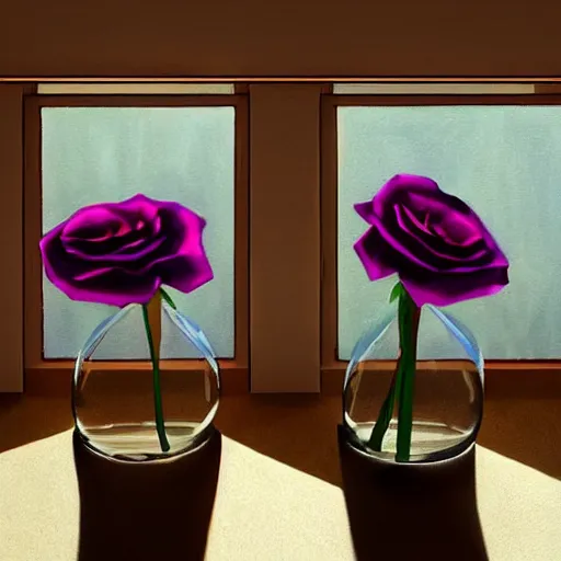 Image similar to The image would feature a windowsill with two vases, one containing a red rose and the other containing a blue violet. The natural light from the window would be shining in on the scene. Trending on artstation