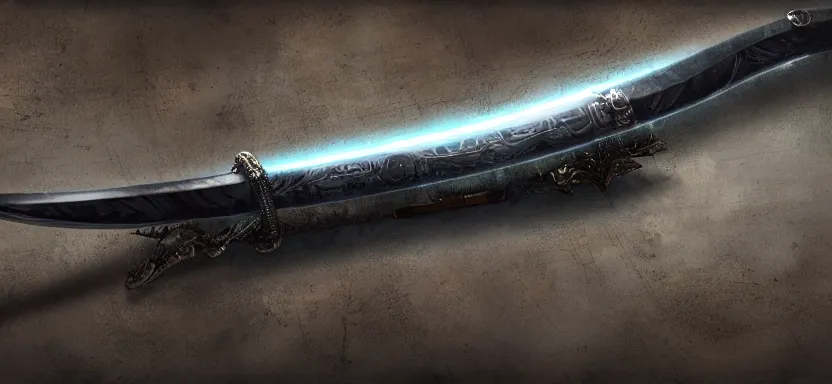 Image similar to legendary cybernetic sword lying flat on a glowing table with a long sharp black and iridescent sword blade, digital award winning hd matte painting, intimate dark moody, intricate, ornate spikes, colorful hilt, detailed realistic, raytraced blade, colored gems, future golden technological pommel, in the style of greg rutkowski and krenz cushart, deviantart