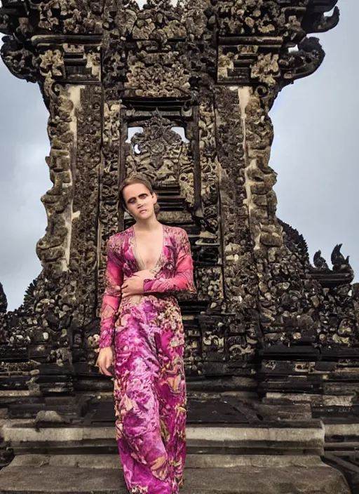 Prompt: emma watson wearing kebaya bali in bali iconic place in bali. front view. instagram holiday photo shoot, 5 0 mm