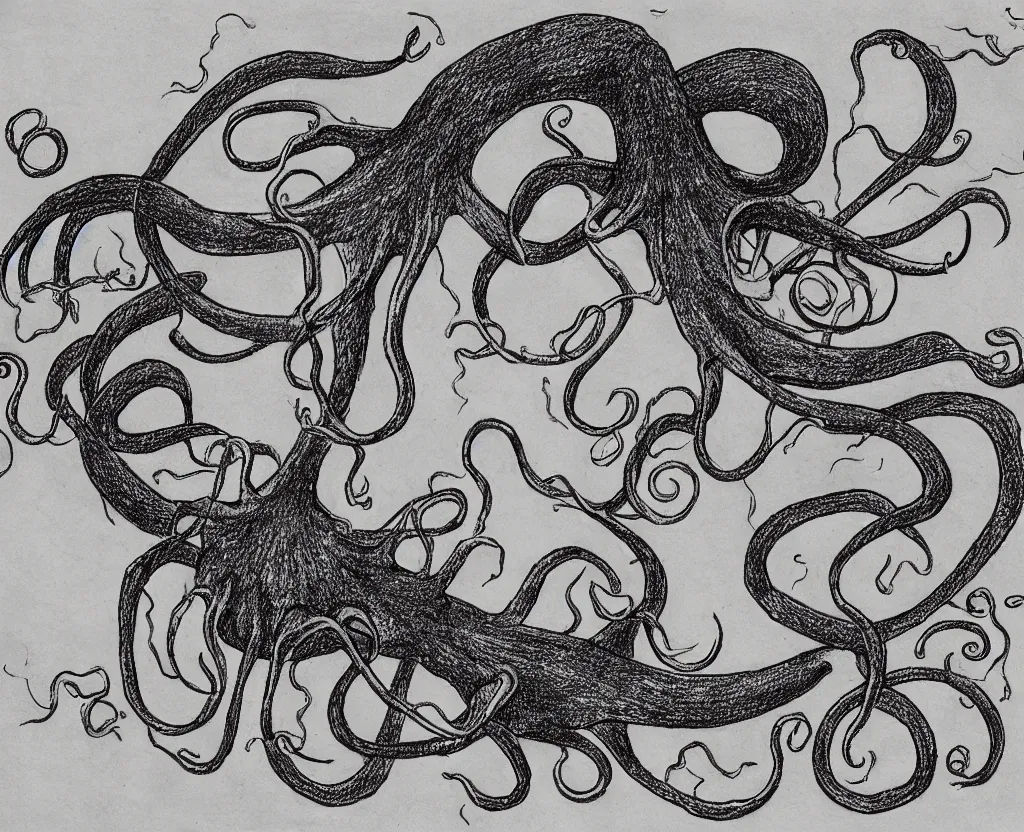 Image similar to a drawing of a giant squid with evil tentacles reaching all around the world, in the style of edward gorey