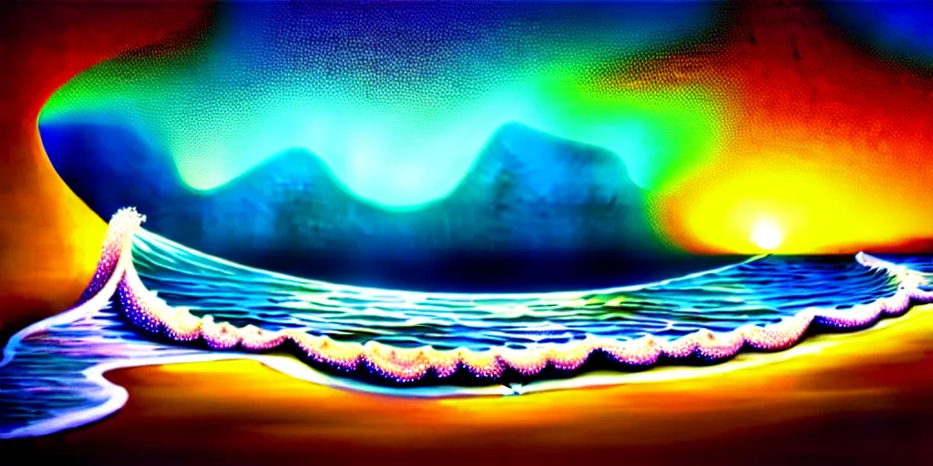 Image similar to a beach shaped like a singing mouth, the waves are made is musical notes, one wave is shaped like the mouths tongue, very colorful painting 8 k trending on art station, intricate details, very realistic, cinematic lighting, volumetric lighting,