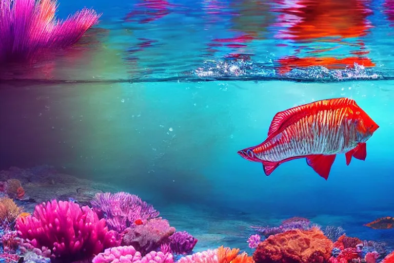 Image similar to ultra realistic underwater photography, panoramic picture of a river with ( subject : a very big exotic brightly coloured fish ). lots of bubbles. wavy, scattered light entering from the water surface, artstation, focus on the fish, extremely hyperrealistic crisply sharp fish, 8 k