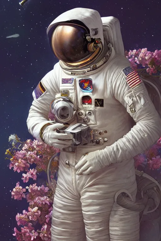 Prompt: ultra realistic illustration, astronaut in space with flowers blossoming from helmet, elegant, highly detailed, digital painting, concept art, smooth, sharp focus, illustration, art by artgerm and greg rutkowski and alphonse mucha