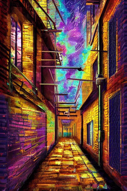 Prompt: a beautiful painting digital of a dark alley room at night with broken windows with wooden crates metal grids by lisa frank,