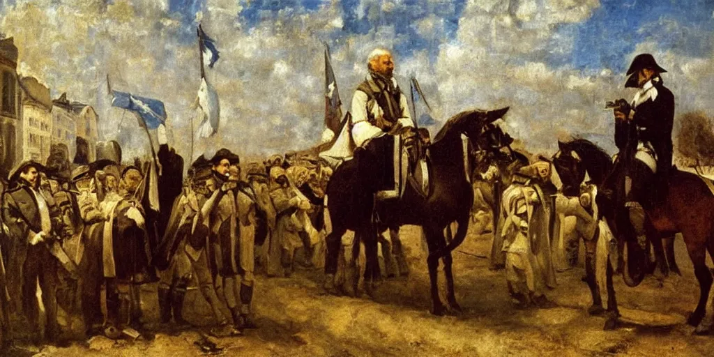 Prompt: oil painting of hegel in the streets of jena greeting napoleon on horseback as incarnation of the world spirit, realist painting, gustave courbet, jules bastien - lepage, incredible detail, natural light