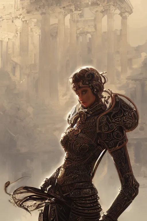 Image similar to portrait knights of Zodiac girl, metallic black and reddish reflected armor, in ruined Agora of Athens, ssci-fi, fantasy, intricate, very very beautiful, elegant, highly detailed, digital painting, artstation, concept art, smooth, sharp focus, illustration, art by tian zi and WLOP and alphonse mucha