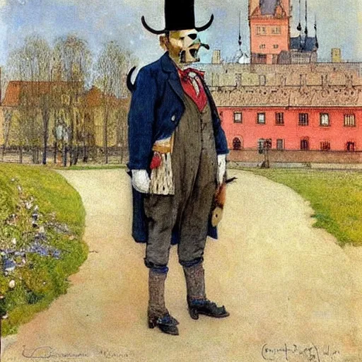 Image similar to painting by carl larsson, cow, dressed, anthropomorphic!!, wearing!!! clothes!!!, standing next to royal castle!!!