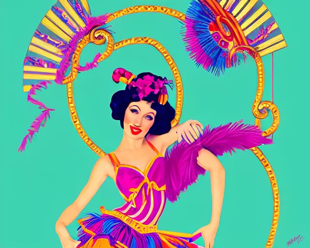 Image similar to young cher as a cancan dancer in art deco style, hyper realistic, artstation, illustration, bright, cheerful, detailed and intricate environment