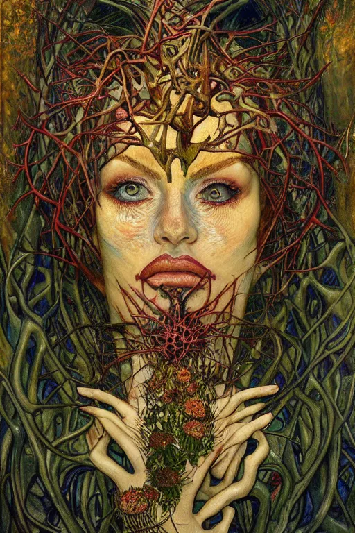 Image similar to Heart of Thorns by Karol Bak, Jean Deville, Gustav Klimt, and Vincent Van Gogh, anatomical heart, anatomically-correct sacred heart, Surreality, otherworldly, infernal enigma, Helliquary, fractal structures, celestial, arcane, ornate gilded medieval icon, third eye, spirals, dramatic sharp thorns, rich deep moody colors