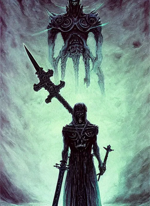 Prompt: Demonic sword in full length with blue glowing runes and eyes on the blade. In the dark, glowing ominously. In style of Beksinski, concept art, highly detailed.