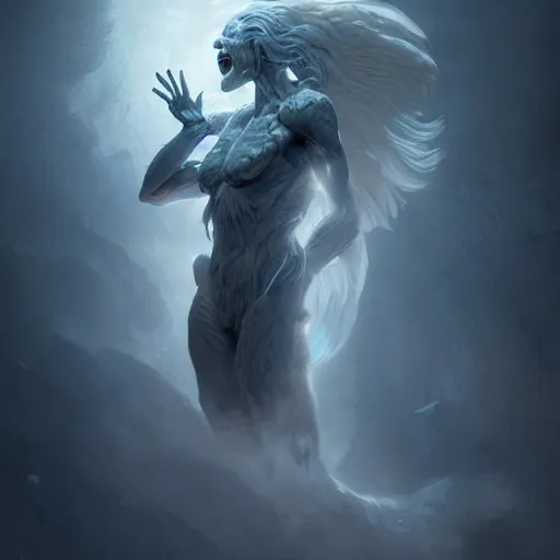 Prompt: a roaring and crying ghost, tall, silver skin, illustration, cinematic lighting, 8 k, d & d, frostbite 3 engine, dof, artstation, intricate, digital art, crepuscular ray, art by tsuyoshi nagano, greg rutkowski, stanley artgerm