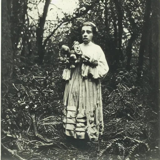 Prompt: portrait of a ratched witch holding a voodoo doll in an ominous forest, 1 9 0 0 s photography