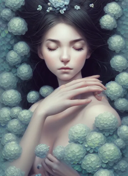 Image similar to a photographic portrait of a seductive sleeping anthropomorphic hydrangea blossom with a perfect face, fantasy, wind blowing hair, intricate, elegant, very very highly detailed, digital painting, artstation, concept art, smooth, super sharp focus, illustration, art by artgerm and greg rutkowski and fuji choko and viktoria gavrilenko and hoang lap