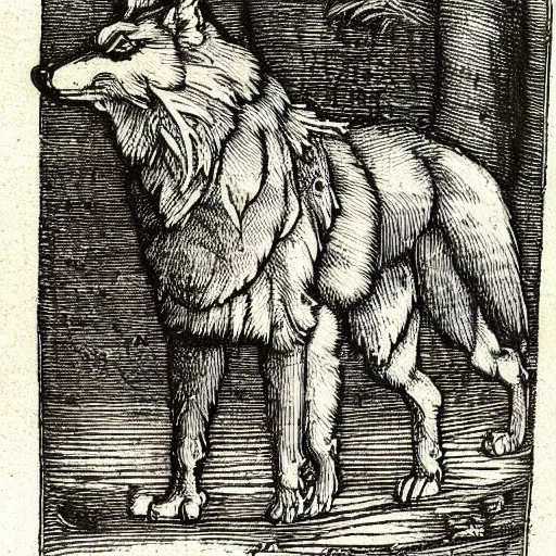 Image similar to wolf by albrecht durer. woodcut.