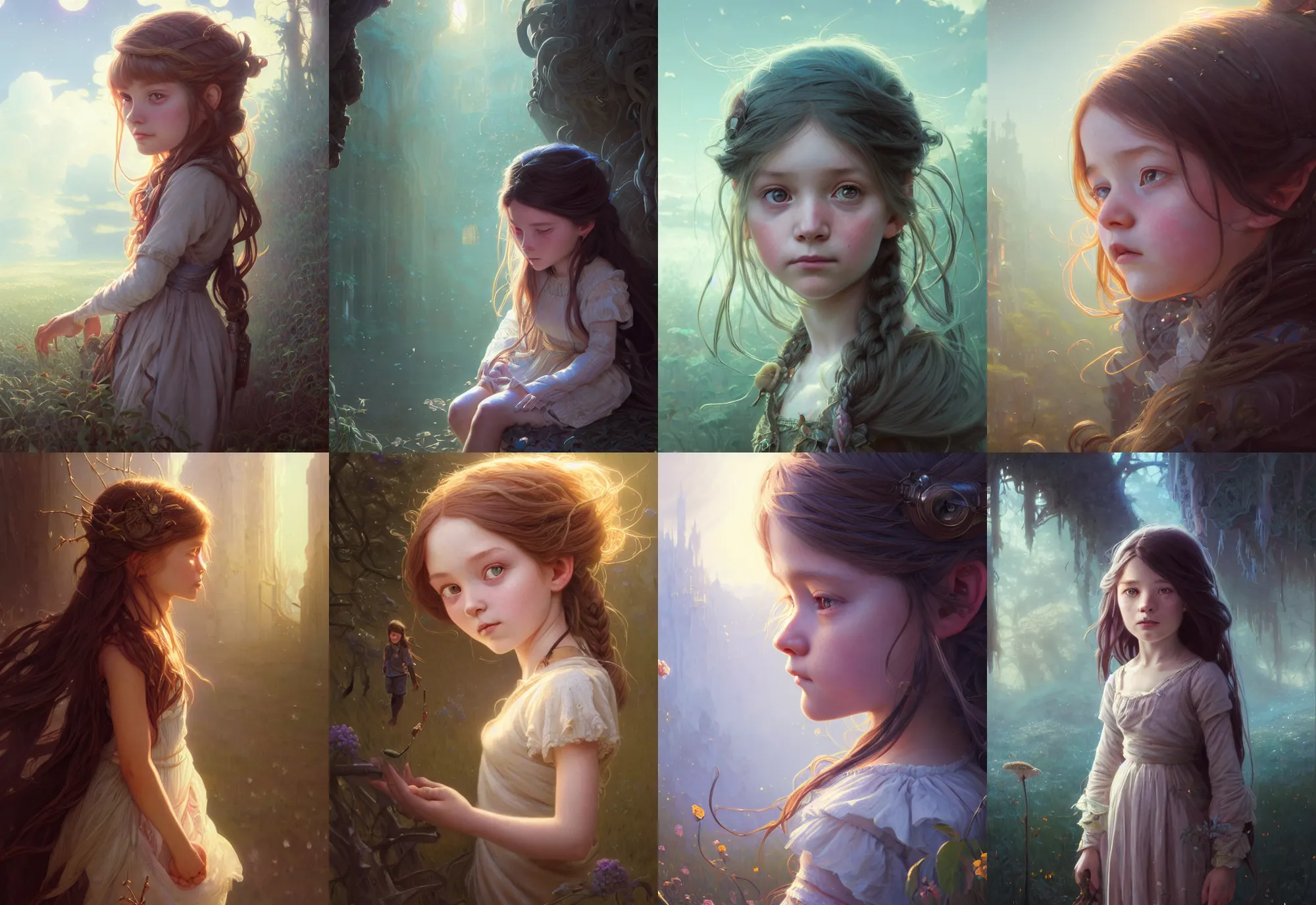 Image similar to highly detailed portrait of a little girl with long hairs, stephen bliss, unreal engine, fantasy art by greg rutkowski, loish, rhads, ferdinand knab, makoto shinkai and lois van baarle, ilya kuvshinov, rossdraws, tom bagshaw, alphonse mucha, global illumination, radiant light, detailed and intricate environment