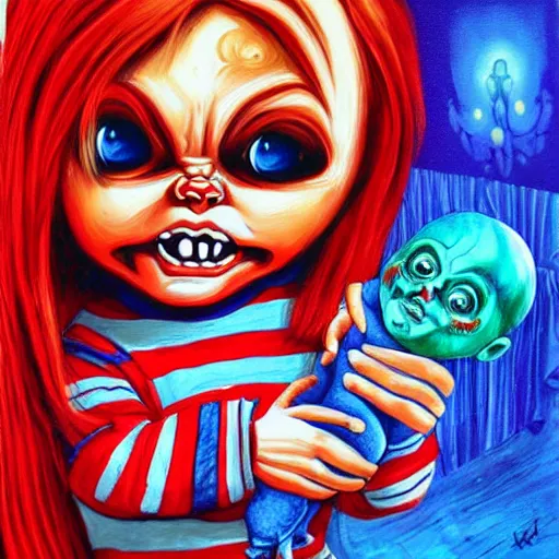 Image similar to macabre painting of chucky by jeremiah ketner | horror themed | creepy