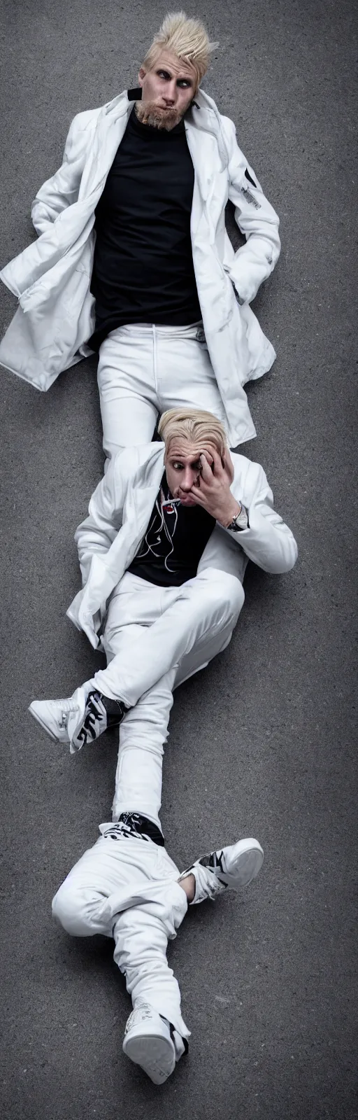 Image similar to extreme long shot. 35 years old blonde russian man in white adidas pants. black letaher jacket. white sneakers. hangover face. staying on the street. 4k, 8k, hyprerealistic, extreme high detail, trending on artstation, masterpiece