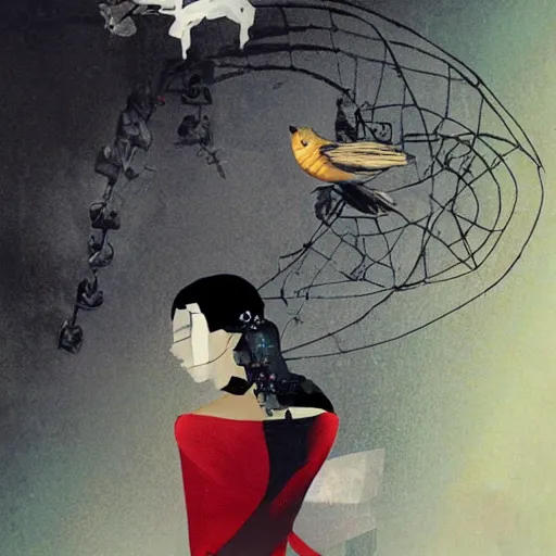 Image similar to a naive woman with a memory that survives the reset of the world, and a small robot bird on her shoulder, collage artwork by dave mckean and yoshitaka amano