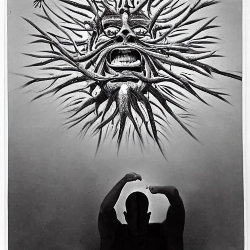 Image similar to a man experiencing his third eye pineal gland exploding out of the front of his forehead as he is able to perceive all of the thoughts of mankind. body horror. by gerald grom and ansel adams.