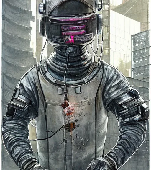 Image similar to realistic cyberpunk japanese engineer with long limbs and a black spacesuit welding a wall, techwear, dead space, visible face, Industrial Scifi, detailed illustration, character portrait, by Martin Grip and Moebius