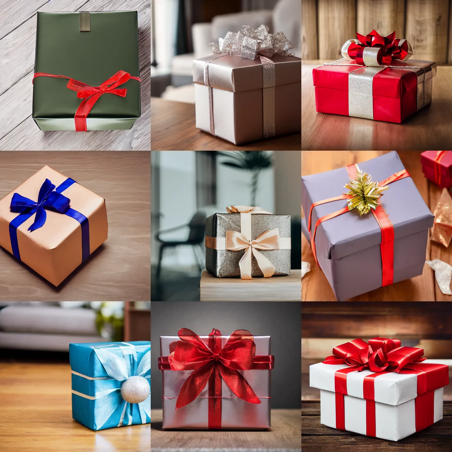 Prompt: a beautiful wrapped gift box, it wants to bite you, the gift box has a mouth with sharp teeth is on its side, the box is lying on a table in the living room, professional photography, award - winning, realistic, 4 k, imax