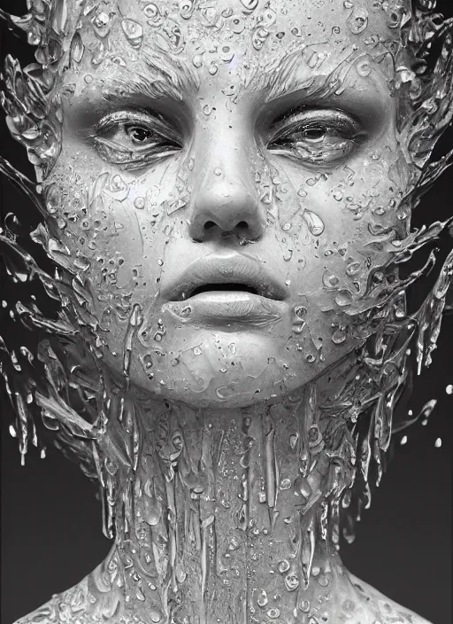 Image similar to sculpture made of water, portrait, female, future, shaman, harper's bazaar, vogue, magazine, insanely detailed and intricate, concept art, close up, wet, ornate, luxury, elite, elegant, trending on artstation, by ruan jia, by Kenneth Willardt, by ross tran, by WLOP, by Andrei Riabovitchev,