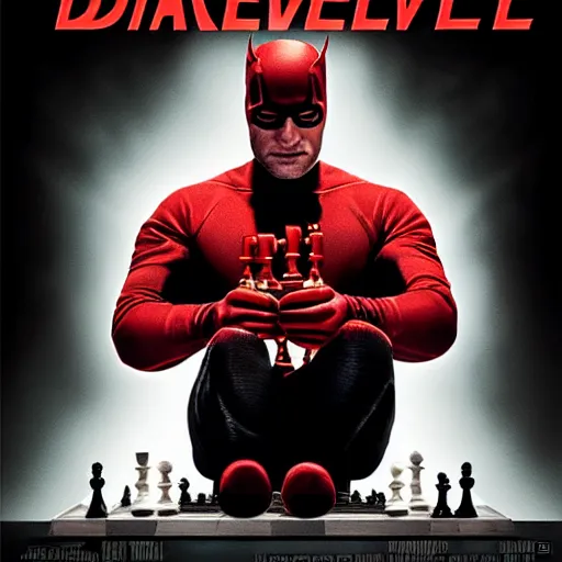 Image similar to daredevil playing chess, movie poster, marvel