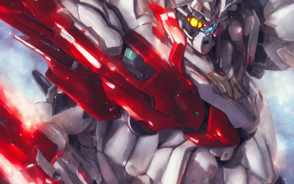 Prompt: A realistic anime portrait of a Gundam with glowing red eyes, digital painting, by Stanley Artgerm Lau, Sakimichan, WLOP and Rossdraws, digtial painting, trending on ArtStation, SFW version