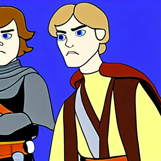 Prompt: cartoon of anakin skywalker and luke skywalker standing proudly shoulder to shoulder